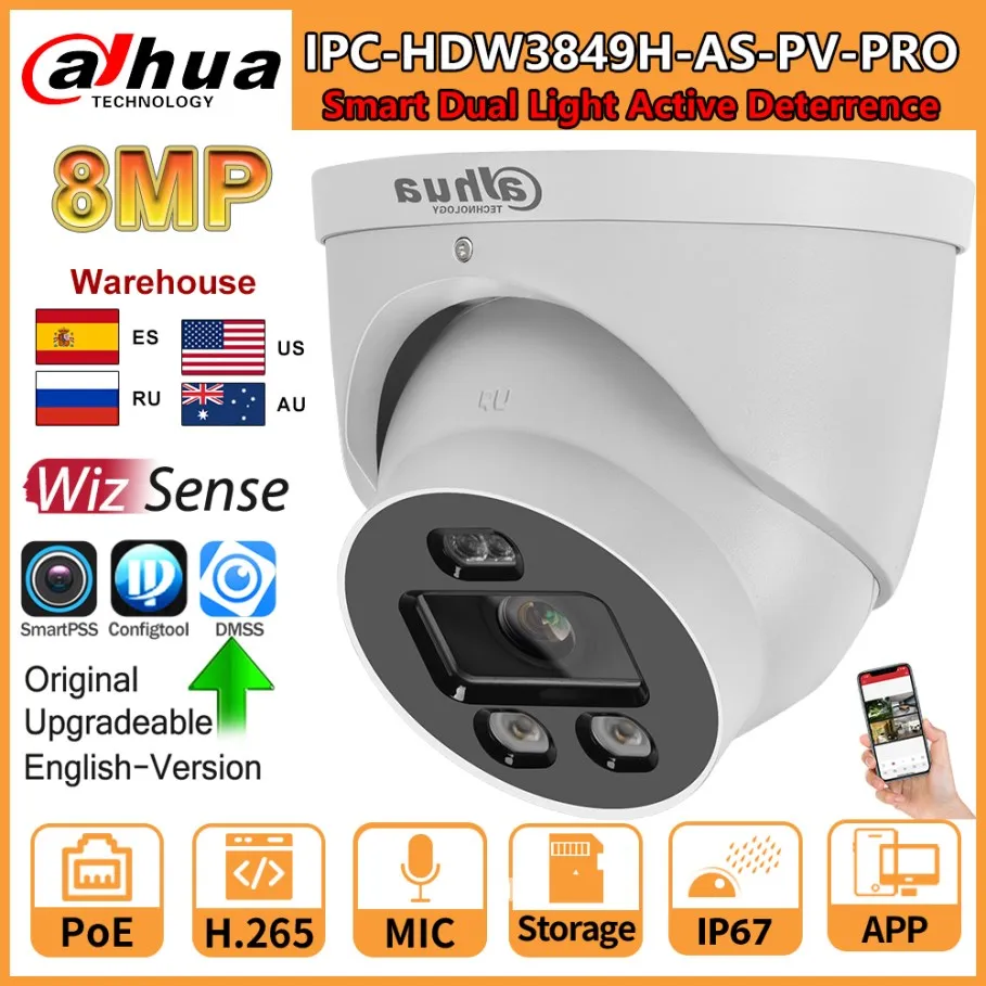 Camera Dahua 8MP IPC-HDW3849H-AS-PV-Pro SMART DUAL DUAL LIGHT Active DETERRENCE RED BLUE LIGHT WIZSENSE DUAL MIC SLOCE SLOP