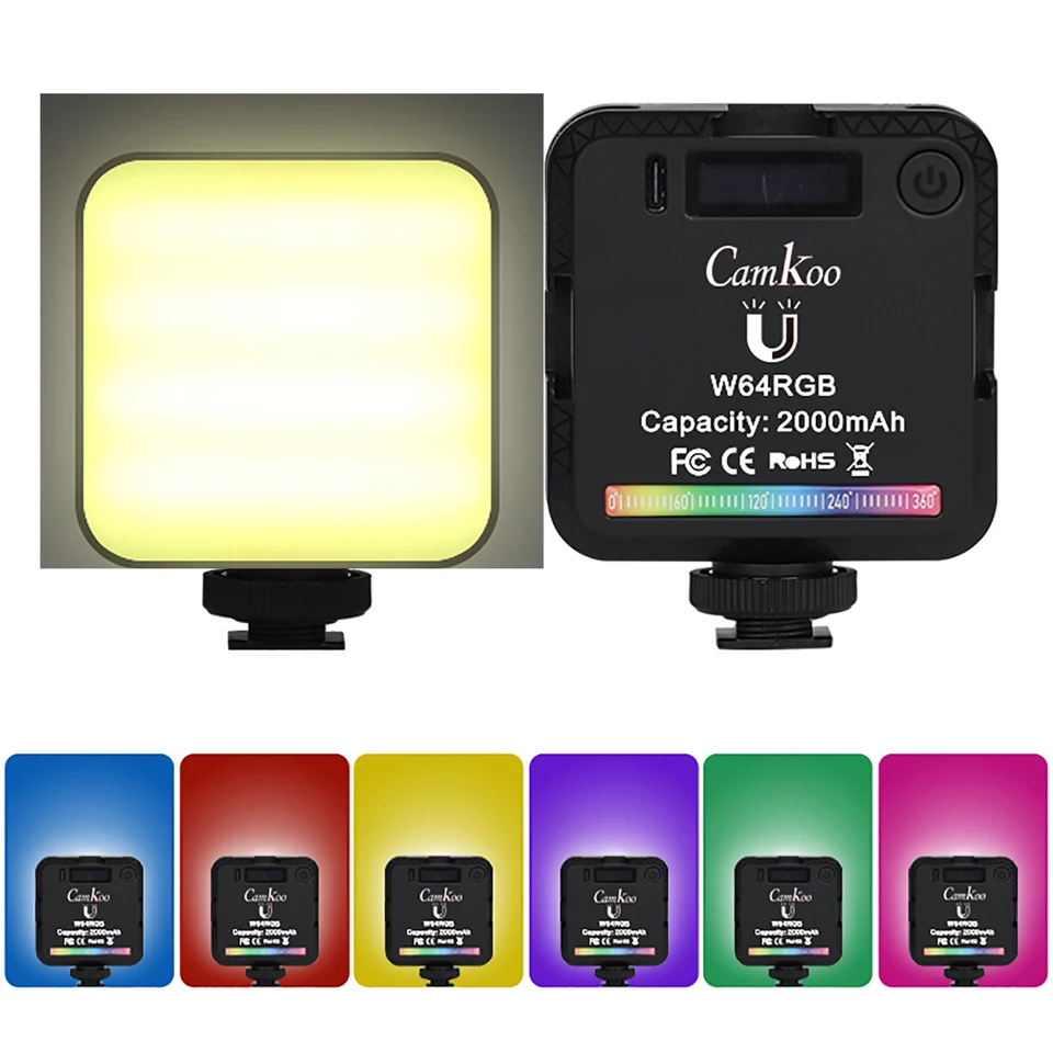 CAMKOO W64rgB Light 360 ° Plné farebné fotografovanie osvetlenie 2000 mAh Nabíjateľné 2500-9000K Stlmiteľné svetlá Atmosféra LED panela
