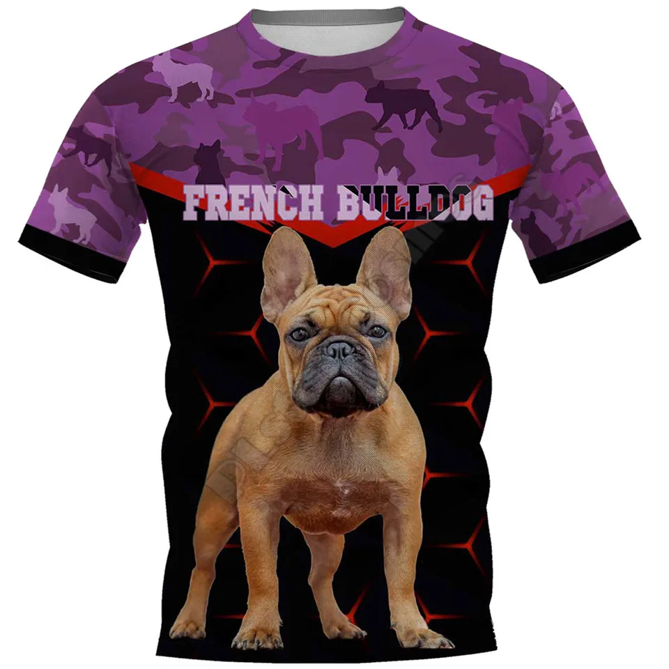 Camouflage francúzsky buldog 3d po celú dobu tlačených tričiek Ženy Men Summer Funny Dog Tees Krátke rukávy tričká Cosplay kostýmy