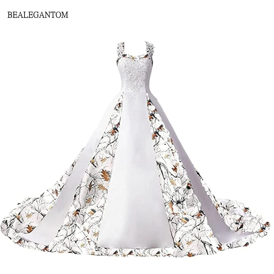Camouflage Svadobné šaty 2022 Camo White Applique Satin A Line Lace Up dlhé popruhy camo svadobné šaty Vestido de noiva