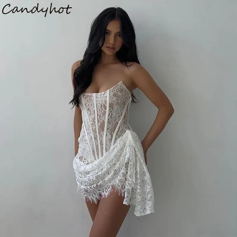 Candyhot Elegantné čipky bez ramienok bezprsty sexy šaty obväzy nepravidelné mini šaty pre ženy letné Slim Street Party Dress