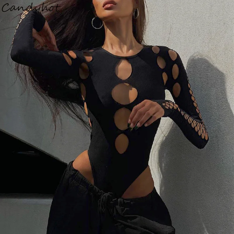 Candyhot Sexy Dot Duthlow Out Bodysuit Y2K Gothic Punk Long Ruckves Bodycon Tričko Dám