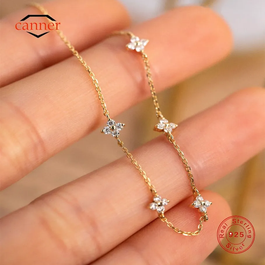 Canner 925 Sterling Silver Flower zirkónový reťazec náramok pre ženy 18k zlatý ins minimalizmus náramok s jemnými šperkami darček