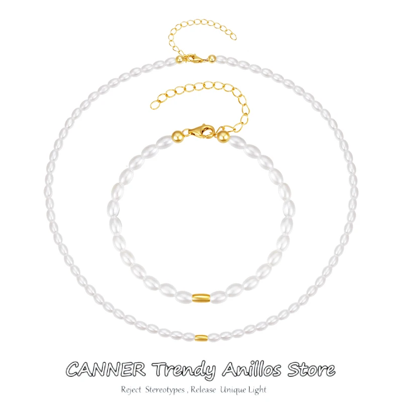 Canner 925 Sterling Silver Round Perl Rice Tvar náramku Elegantné krásne náhrdelníky pre ženy