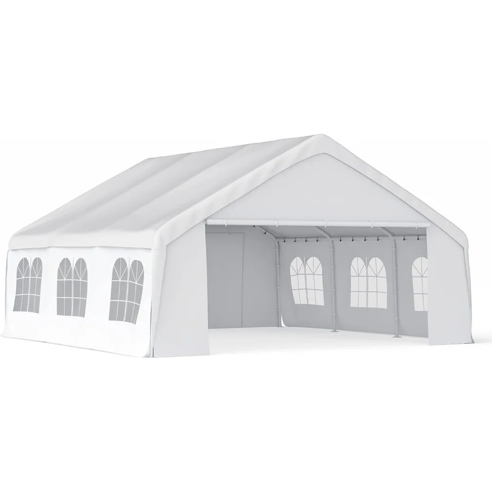 Canopy Stan pre večierky High Duty 20'x20 'Car Stan -Kov prenosná garáž s odnímateľnými bočnými stenami, biela