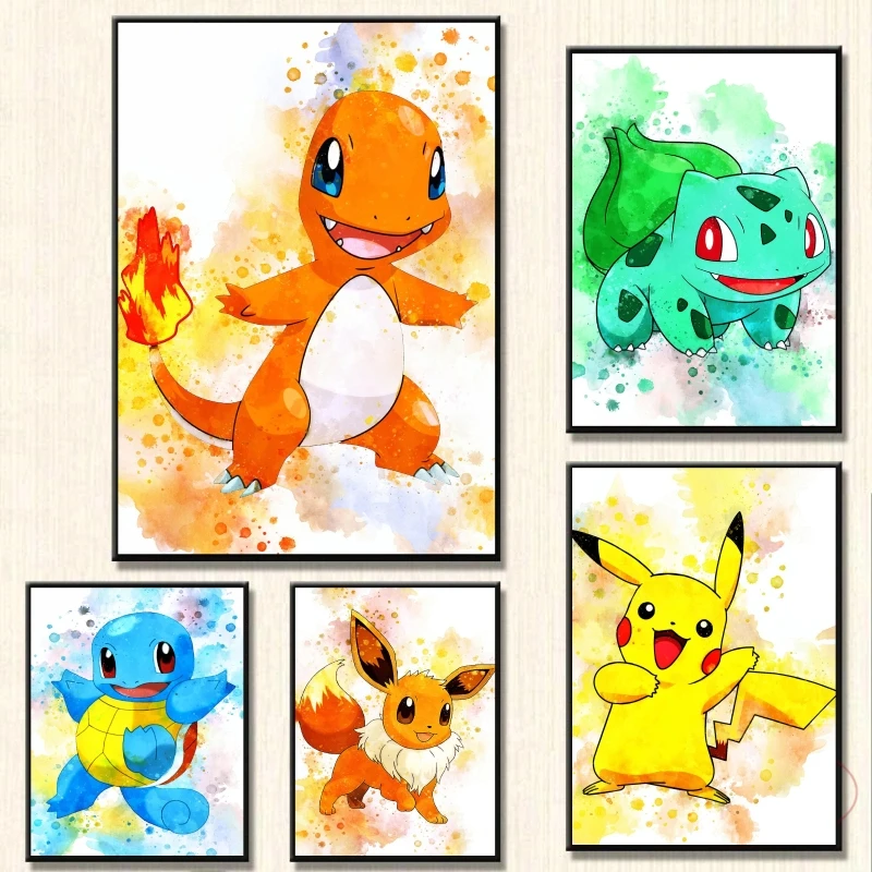 Canvas Art Walls Painting Pokemon Pikachu Charmander Modulárne výtlačky detská spálňa dekorácie Darče
