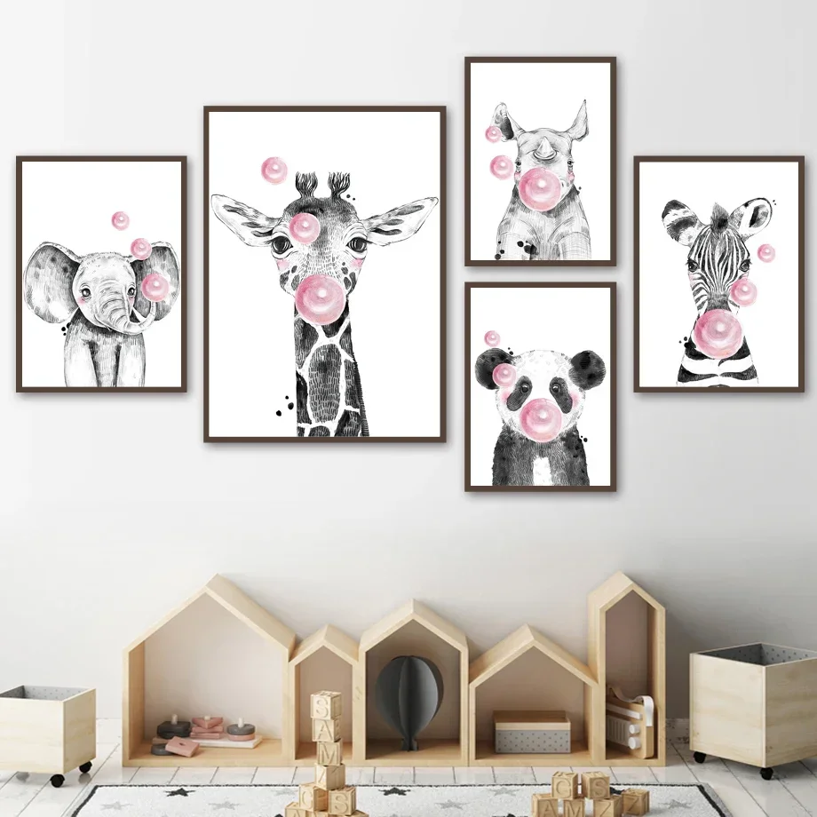 Canvas maľba Nordic Poster Elephant Lion žirafy zebra nosorožca fúkanie gumy materská materská nástenná tlač