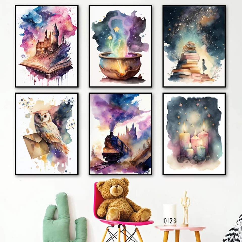 Canvas maľba sprievodca kúzlo lietajúca metla sovy vlakom Potter nástenné umenie výtlačky Nordické plagáty materské nástenné obrázky