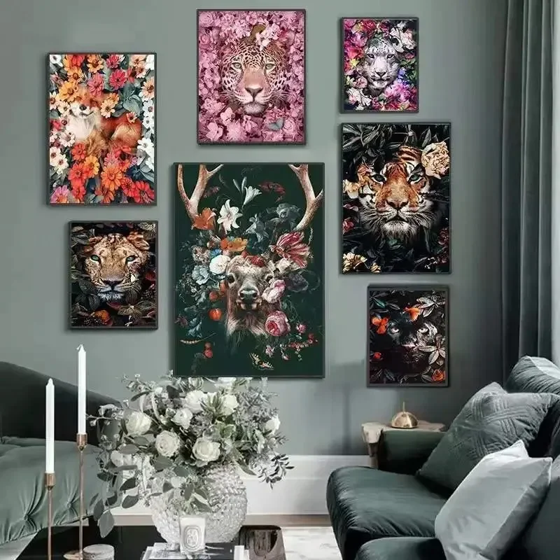 Canvas maľby farebné kvetinové listy leva opičí zvierací dekorácia spálňa a výzdoba tlačenej miestnosti
