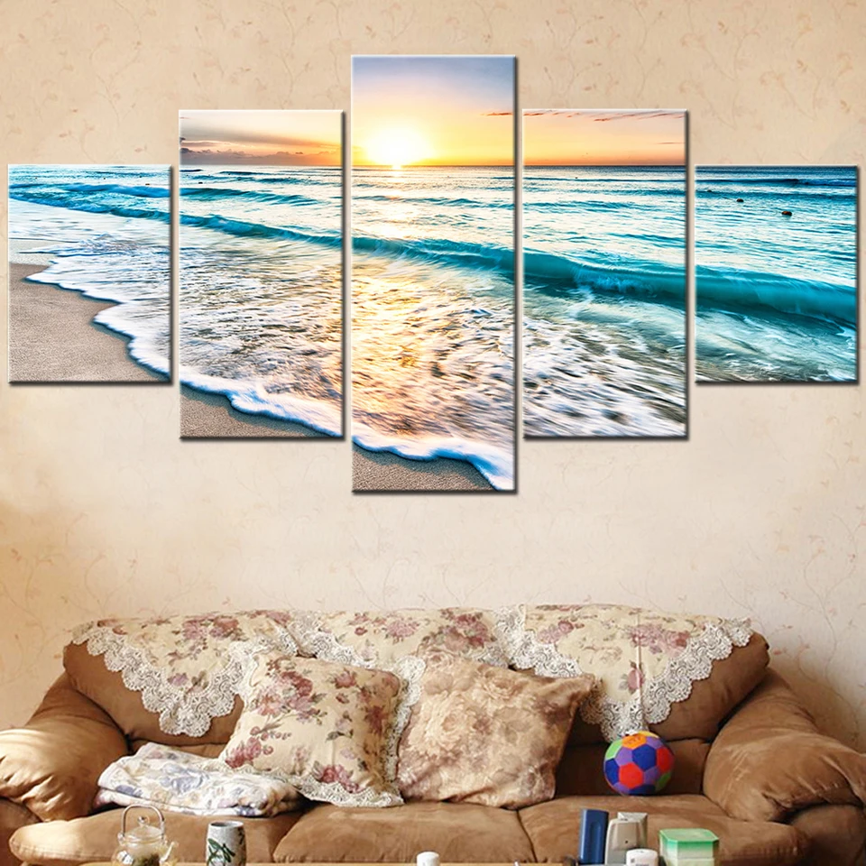 Canvas obrázky plagát Modulárny 5 kusov vlna západ slnka prímorské maľby