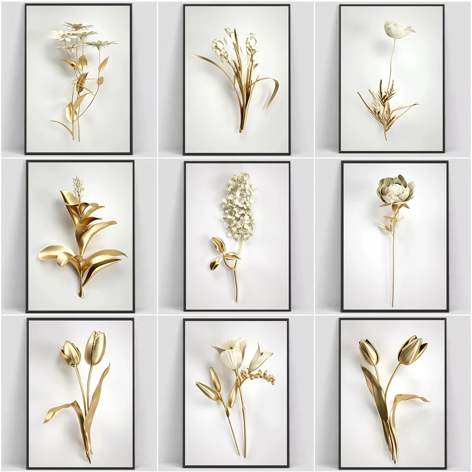 Canvas Painting Golden Plant Listy and Flowers Tulip Rose Wall Art pre obývaciu izbu Nordické domáce dekorácie obrázky moderný dekor
