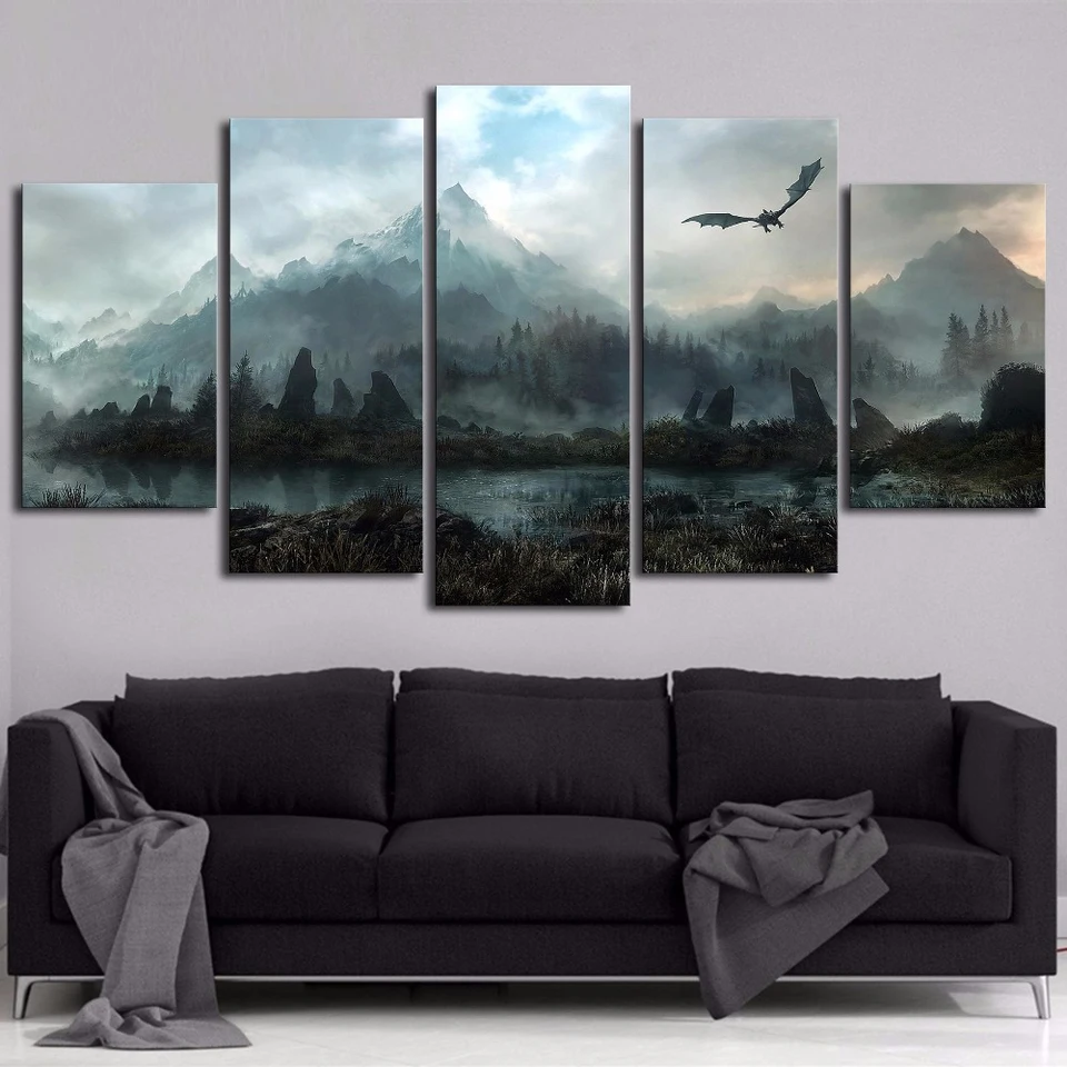 Canvas Wall Art Pictures Domáce dekorácie 5 kusov herné tróny Dragon Skyrim maľby pre obývaciu izbu Modulárne výtlačky plagátový rám.