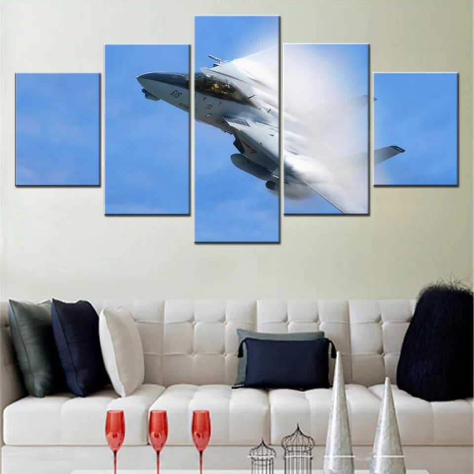 Canvas Wall Art Plagát maľba Warplany Tomcat Aircraft Sonic Boom Modular Picture Print Domáca dekorácia Obývacia izba 5 kusov