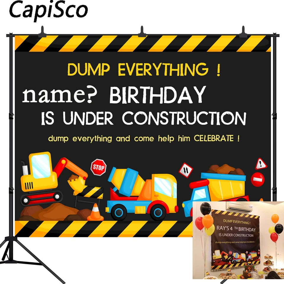 Capisco Photography Chady Construct Party žltý pruh 1. narodeniny rýpadlo dieťa oslava Photo pozadia
