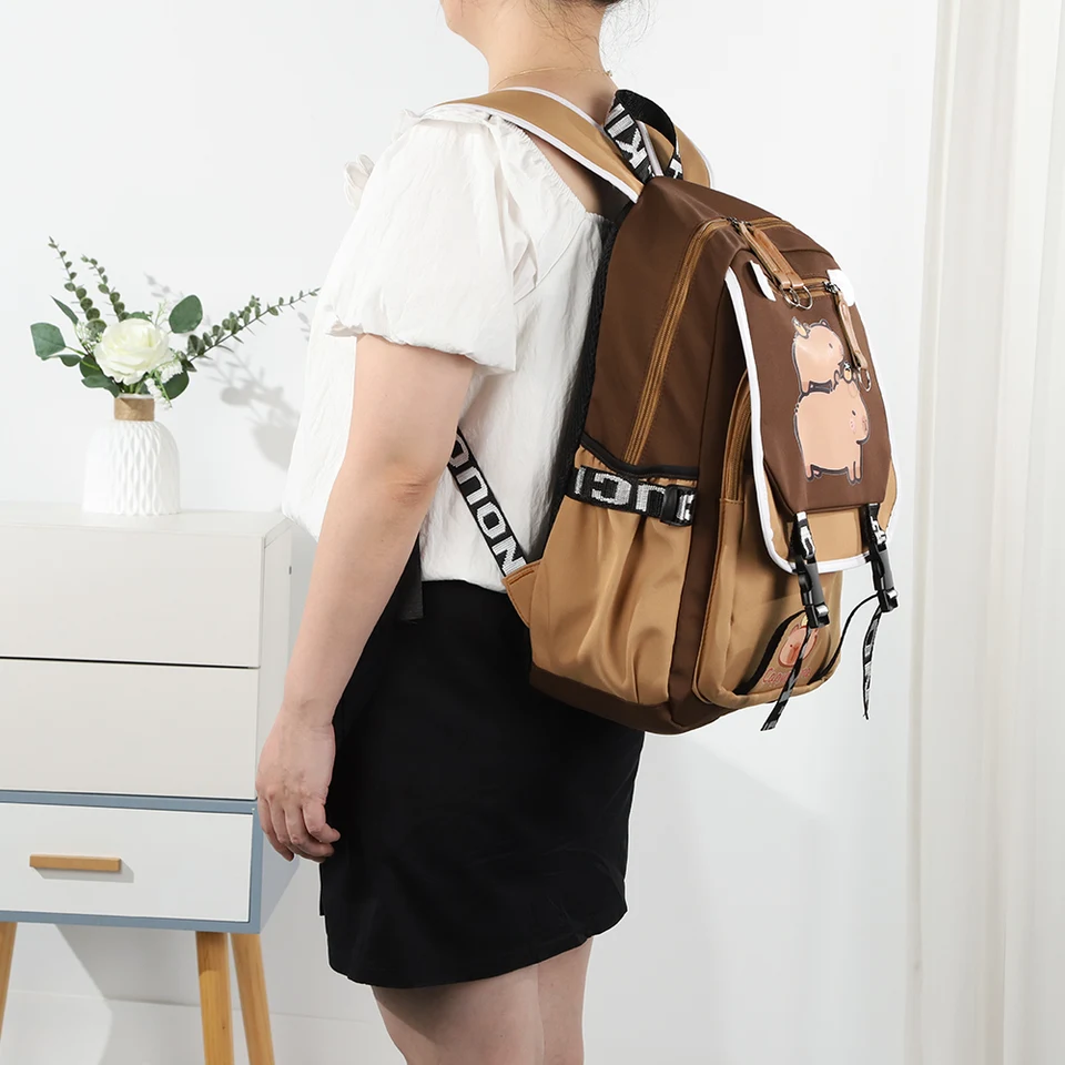 Capybara Kawaii Schoolbag s ceruzkou Case Case Stylish Rucks Bath Nastaviteľný remienok Rozkošný batoh na nákupné batoh