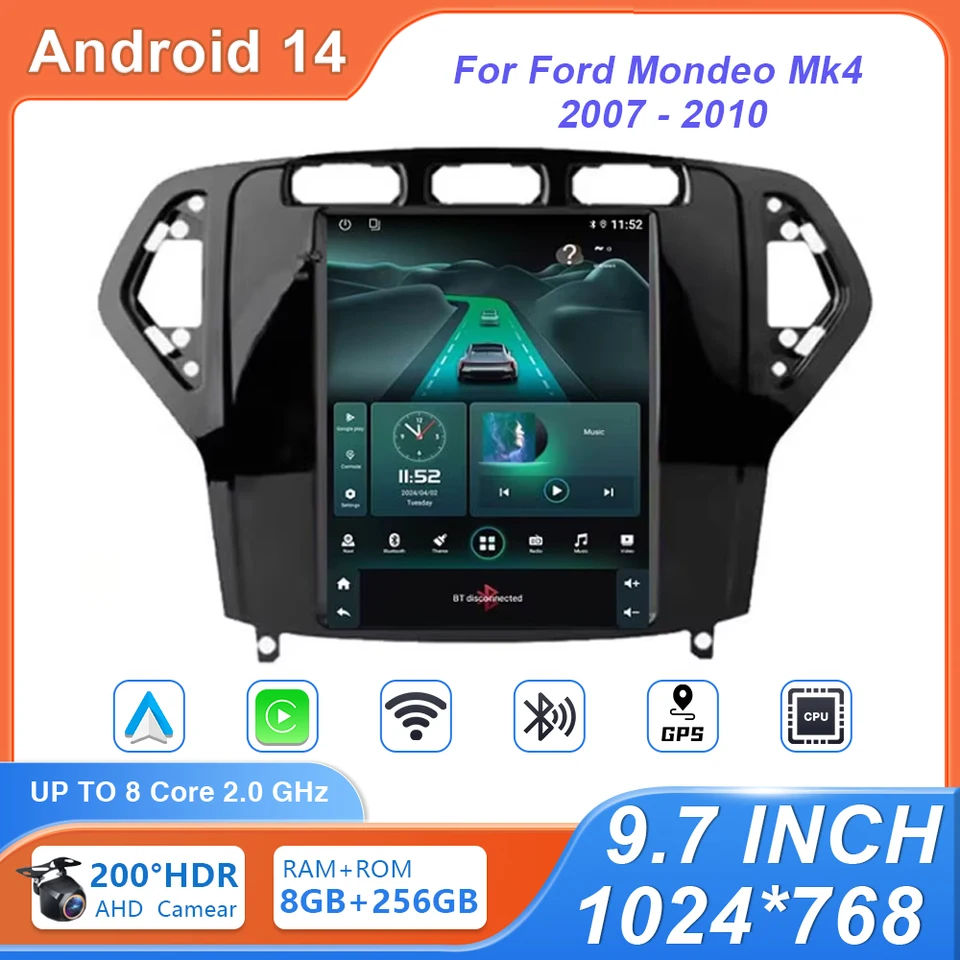 Car Android 14 pre Ford Mondeo Mk4 2007 - 2010 CarPlay Multimedia Video Player GPS navigácia Autoradio 9,7 palca Screen No 2Din