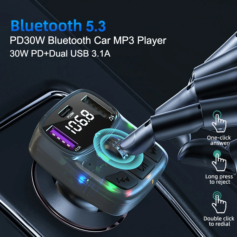 Car Bluetooth 5.3 FM vysielač PD 30W Dual USB 4.2A rýchla nabíjačka Okolitá Light Handsfree Radio Modulátor mp3 prehrávač
