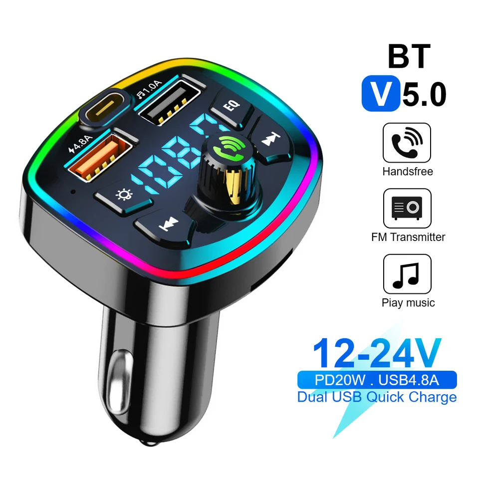 Car FM vysielač Bluetooth Hands Free mp3 True 20W 4.8a Dual USB Port PD nabíjacie príslušenstvo Automobilové príslušenstvo Bluetooth Car nabíjačka Q7