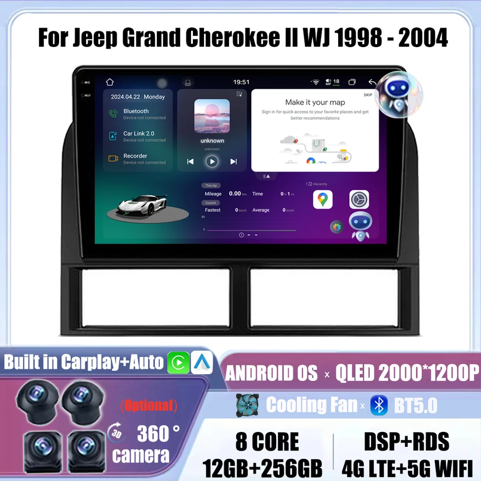 Car Stereo prijímač Android Autoradio 4G Car Mutimedia Qled GPS GPS CarPlay RDS pre Jeep Grand Cherokee II WJ 1998 - 2004
