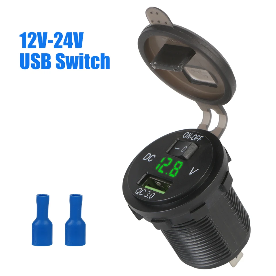 CAR USB nabíjačka rýchly nabíjanie QC 3.0 pre automobilový motocykelový nákladný automobilový adaptér s vypínačom 12-24V Socket Universal