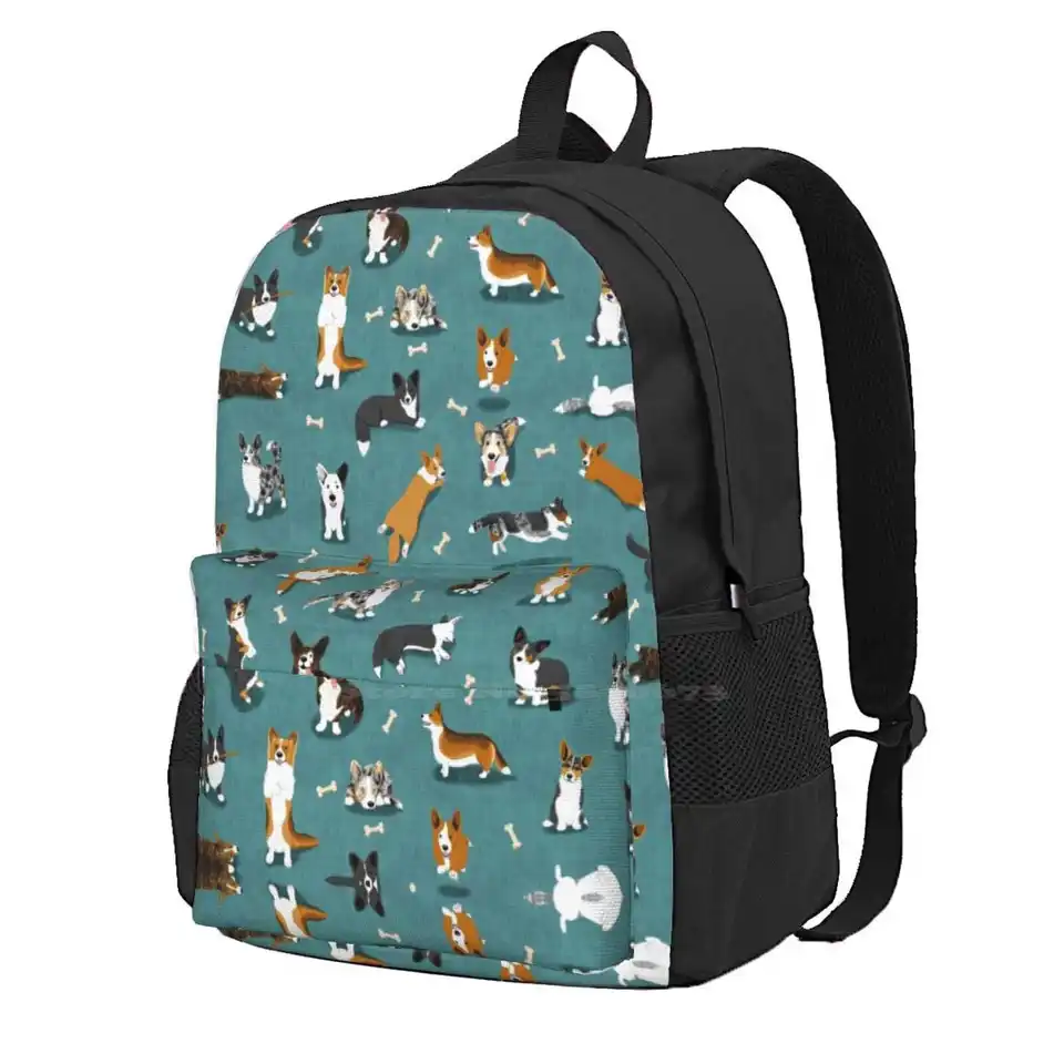 Cardigan Corgi Pattern na školských taškách na Teal School Tašky cestovný notebook Backpack Cardigan Welsh Corgi Corgis Cardiganshire Breed Breed Wales Wales