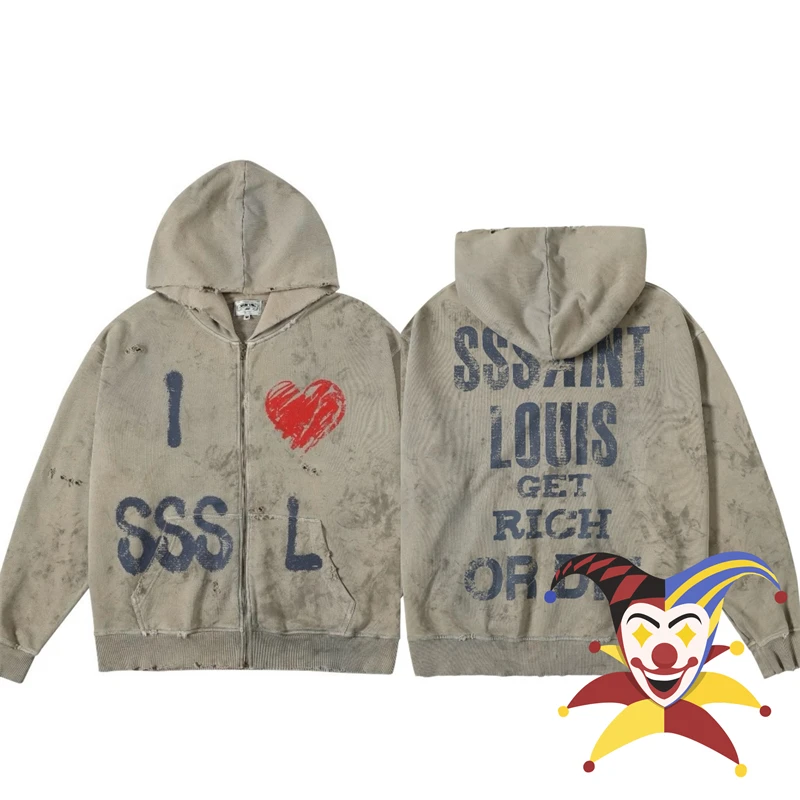 Cardigan Graffiti Hole Saint Sssaint Louis Hoodie Heavy Tkanina Unisex Pullovs pre mužov ženy