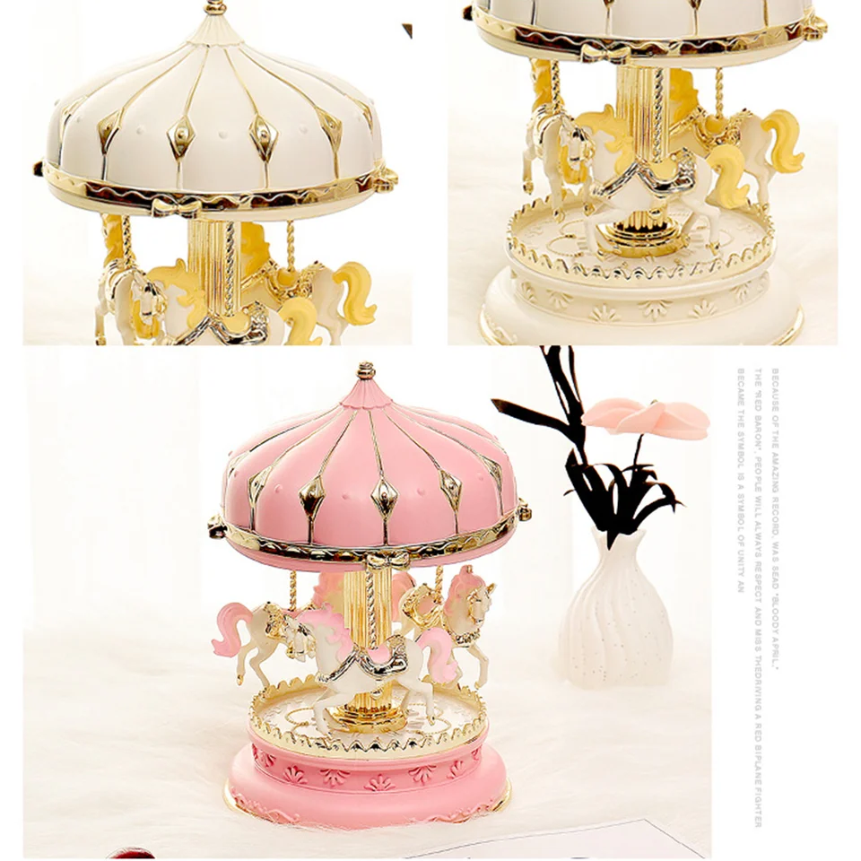 Carousel Music Box Glittering Rotujúca drevená koní hudobná skrinka blikajúca karusel hudobná skrinka (ružová) rotujúca hudobná skrinka