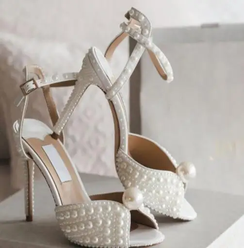 Carpaton ručne vyrábané biele perly korálkové topánky vysoké podpätky Peep Toe Toe Party Party Dues Suys Sexy Princezná sandál