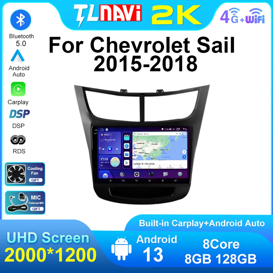 CarPlay 9 palcov 2K QLED Screen Android Auto Car Multimedia System for Chevrolet Sail 3 2015 2016 2017 2018 GPS Radio navigácia