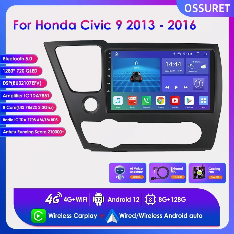 CarPlay Android 12 pre Honda Civic 9 2013 - 2016 2Din Car Radio Multimedia Player Navigation GPS RDS Bluetooth Stereo Head Unit
