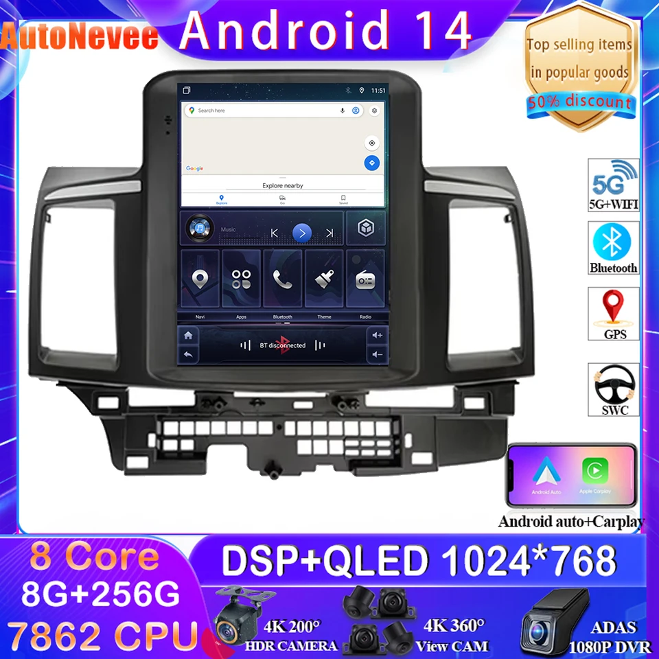 CarPlay Android Car Radio pre Mitsubishi Lancer 2008-2016 Stereo navigačná GPS Tesla Bluetooth 4G WiFi DVR Displage