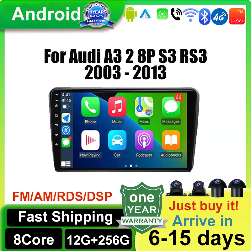 CarPlay WiFi Android 14 Screen Auto Stereo Radio CAR GPS navigácia pre Audi A3 2 8P S3 RS3 2003 - 2013