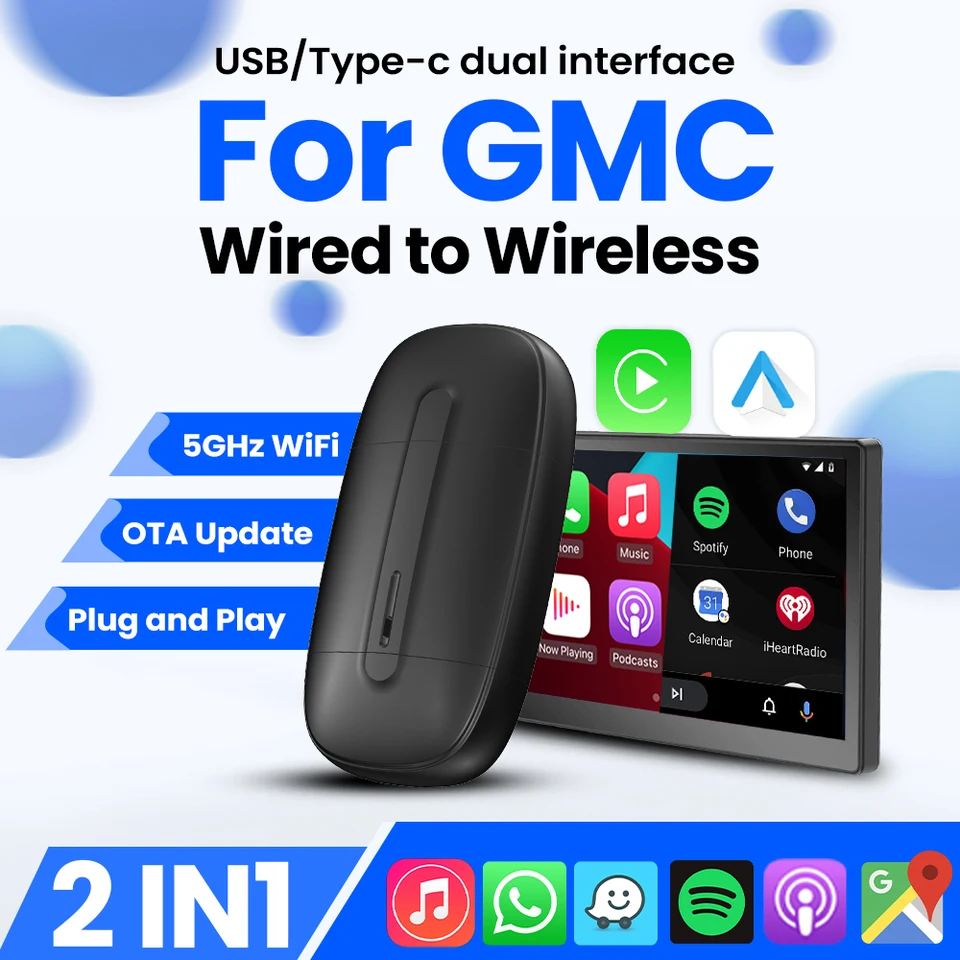 CarPlay Wireles Android Auto USB Type C Plug and Play Bluetooth 2in1 Smart Dongle pre GMC Canyon Yukon Acadia Terrain Sierra HD