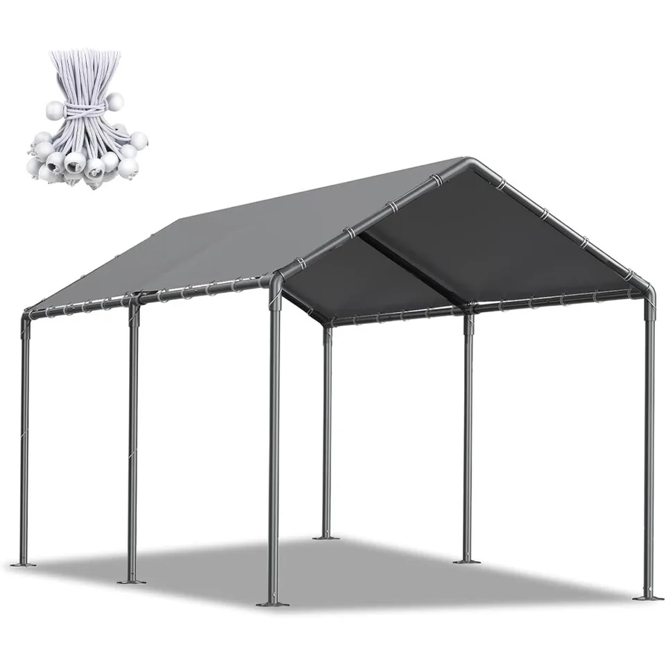 Carport, 10 × 20 prenosný garážový stan Carport Canopy so 6 zosilnenými kovovými pólmi a vodotesným krytom tieňa pre vonkajšie (sivé)