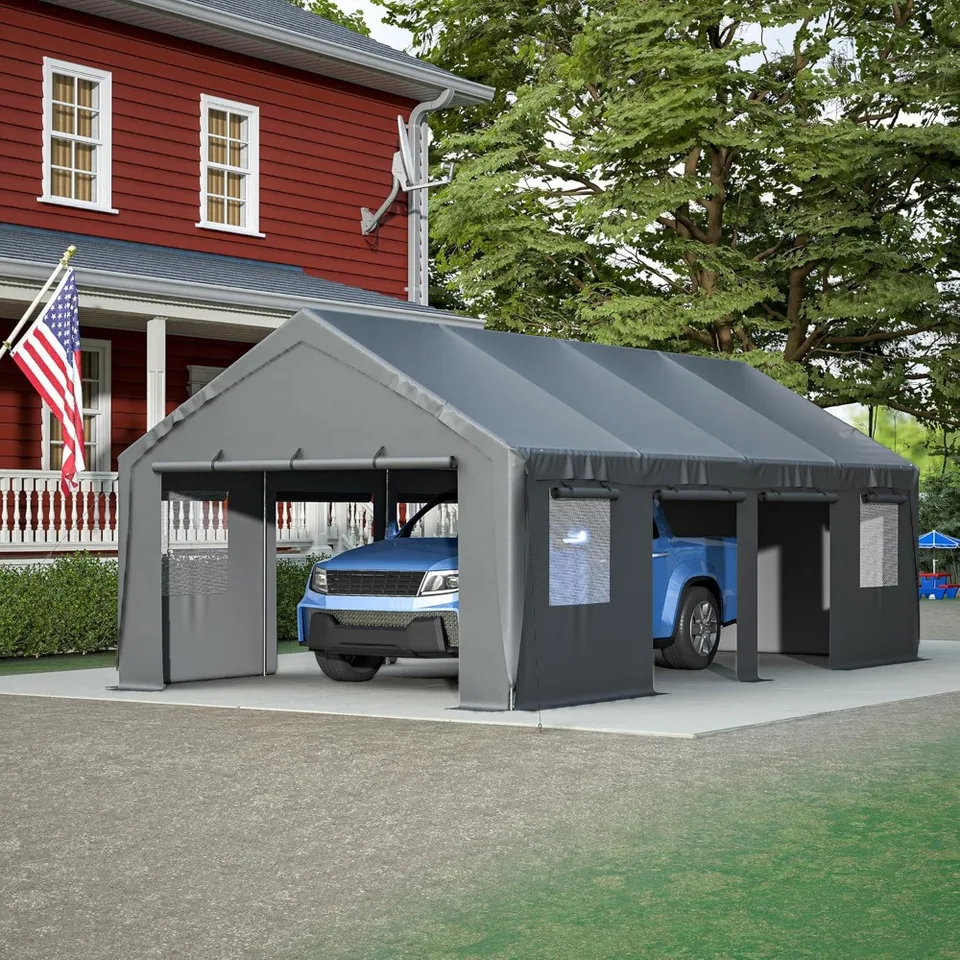 Carport 13'x 25 's ťažkým portom automobilov s bočnou stenou a vetranými oknami s odnímateľnými bočnými stenami, prenosné vonkajšie vonkajšie