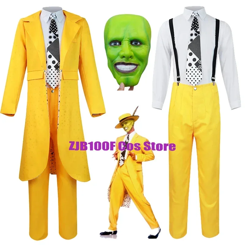 Carrey Cosplay Uniformy anime kostýmy žltý zákopový klobúk oblek Halloween Karneval Party Jim Clown Outfits Mask pre mužov