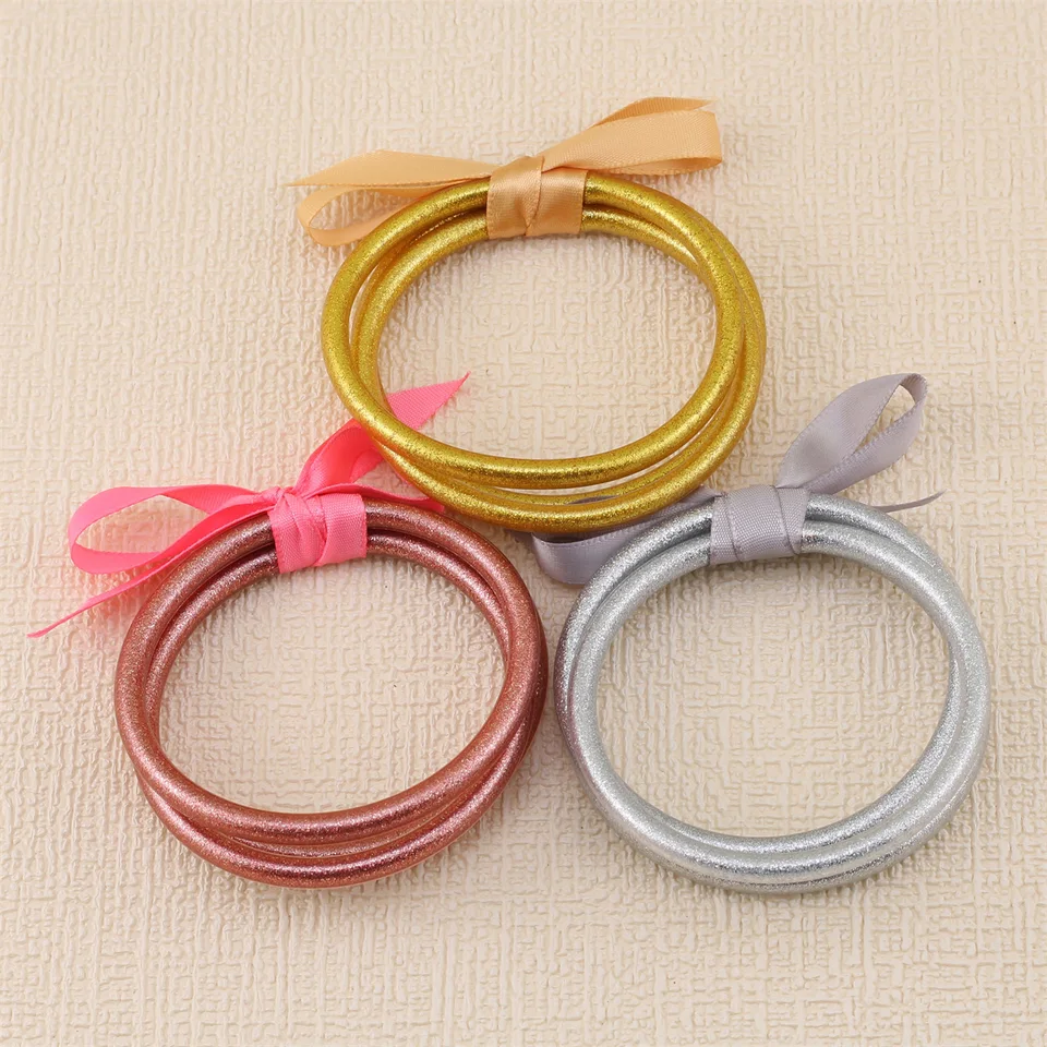 Carter Lisa 3pcs/Set Buddhist Temple Rush Náramok Gold Leaf Glitter Plnené želé bowknot PVC Silikónové jogové náramky náramok