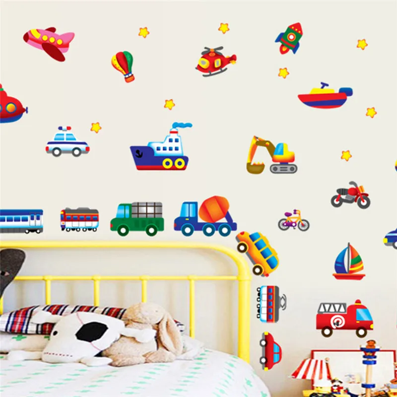 Cartoon Cars Train Motor Bike Ship Prepravné nástenné nálepky pre detské izby dekorácie nálepky nástenné umenie detské nálepka