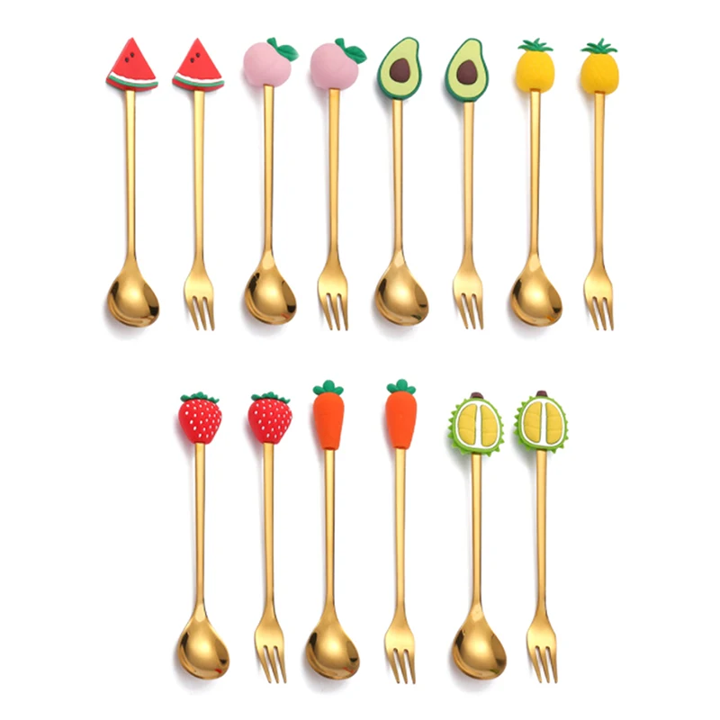 Cartoon Fruit Vidlička Roztomilý detský riad z nehrdzavejúcej ocele lyžica Lollipop Dezert Spoon Fruit Fork Detská súprava kuchyňa