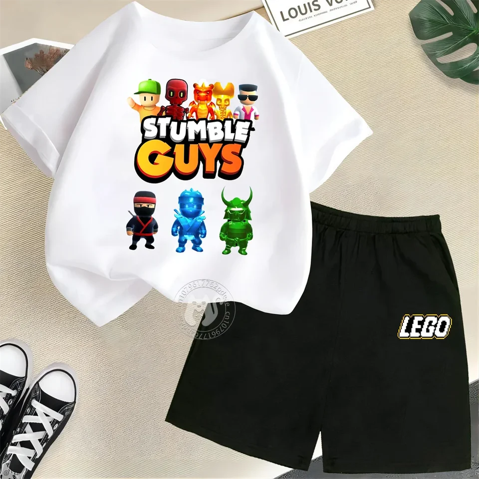 Cartoon Fun LEGO Series Tlačené dievčatá Dievčatá Summer 100% bavlnené tričko + šortky módne ulica Castts Comfort Comfort Children Wear