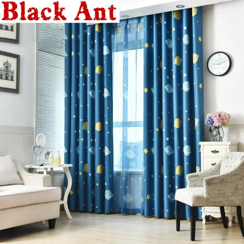 Cartoon Planet Star Blackout Curtain for Kids Boys Spálňa tlačená modrá číra voile okenné závesy Razikov T & 355#30