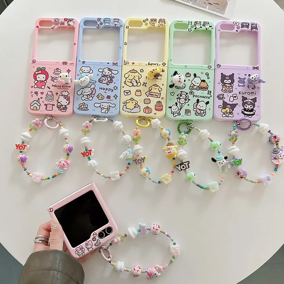 Cartoon Sanrio Kuromi s puzdrom na náramok pre Samsung Galaxy Z Flip 3 4 5 Z Flip 6 5G PC Hard anti-pádový kryt Girl Girl Girl
