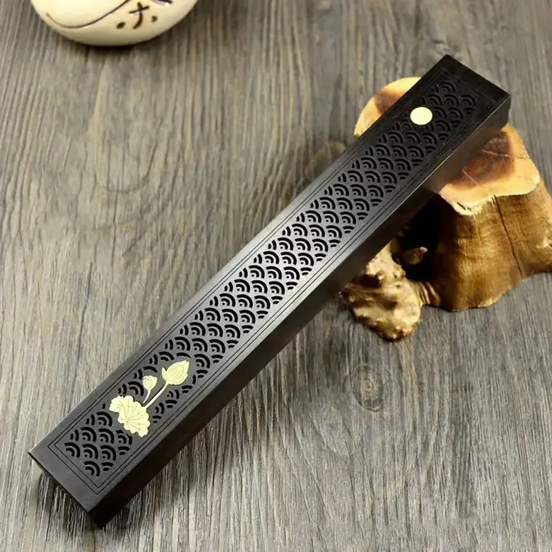 Carving Wooden Incense Holder Censer Box Hollowed Out Black Sandalwood Incense Box Line Incense Burner Handmade Decoration Craft