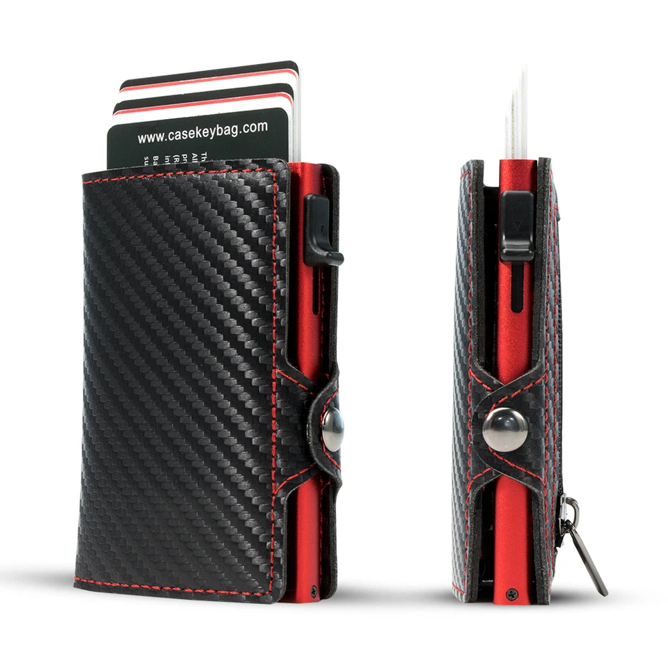 Casekey Carbon Fiber Men Držiteľ karty karty RFID Pop -Up Hliníková kreditná karta Slim Male predné vrecko s poznámkovým priehradkou