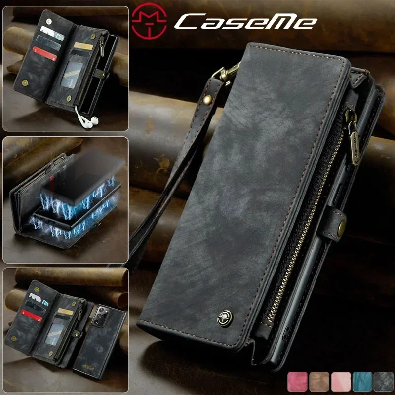 Caseme Zipper Peňaženka Odnímateľná kožená kožená puzdro pre Samsung Galaxy S25 Ultra S24 Fe S20 S22 S21 S23 Plus poznámka 10 20 5G kryt
