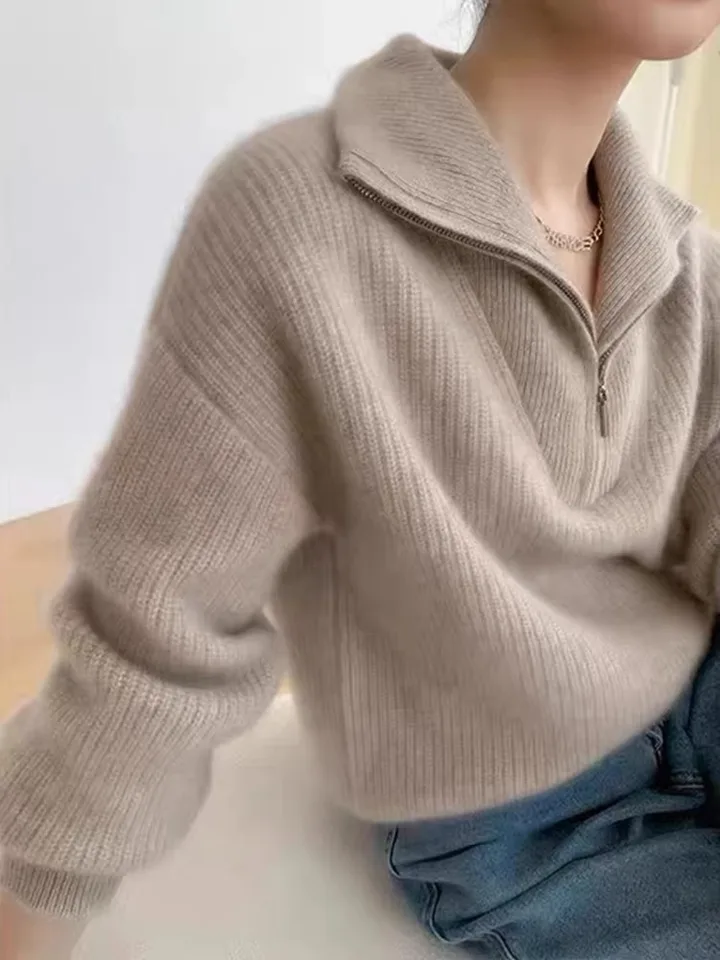 Cashmere Zipper Solid Color Pletená sveter Dámska jesenná a zimná nová kórejská verzia klopová voľná voľná bunda