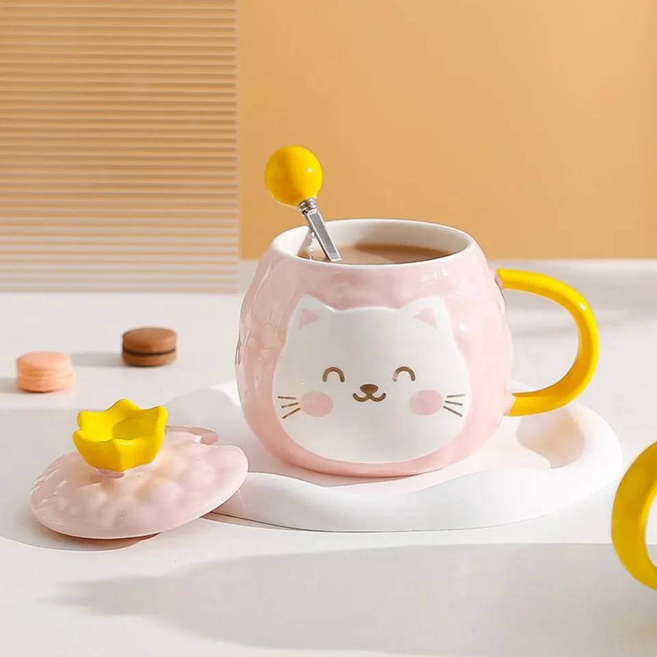 Cat Ceramic Cup, roztomilé mačiatko pokryté pitie hrnček ženský kancelársky pracovník Kreačný dizajn hrnček s termostatickou podložkou veka