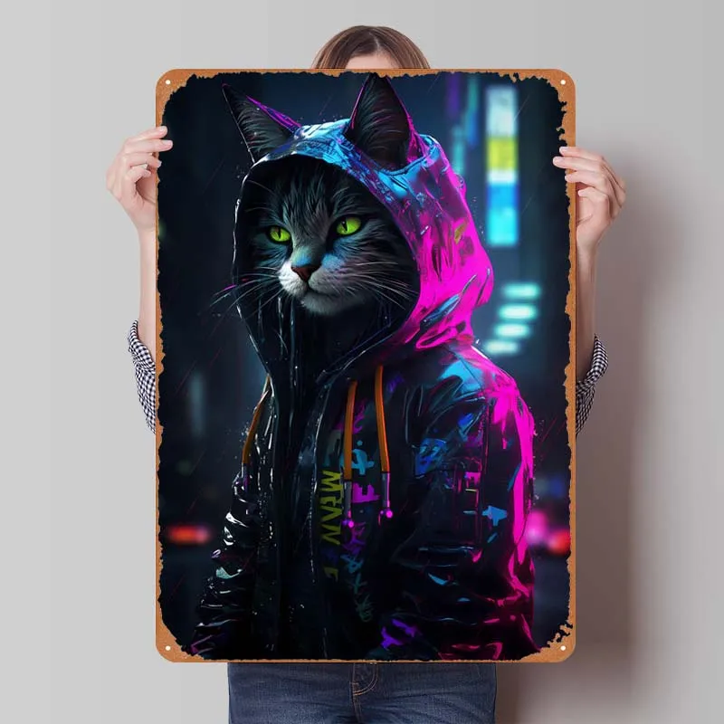 Cat Cyberpunk Neon Art Neon Sign Vintage Metal Plate Room Decotion Funny Metal Signs for Herge Room Bar Wall Decorácie retro retro