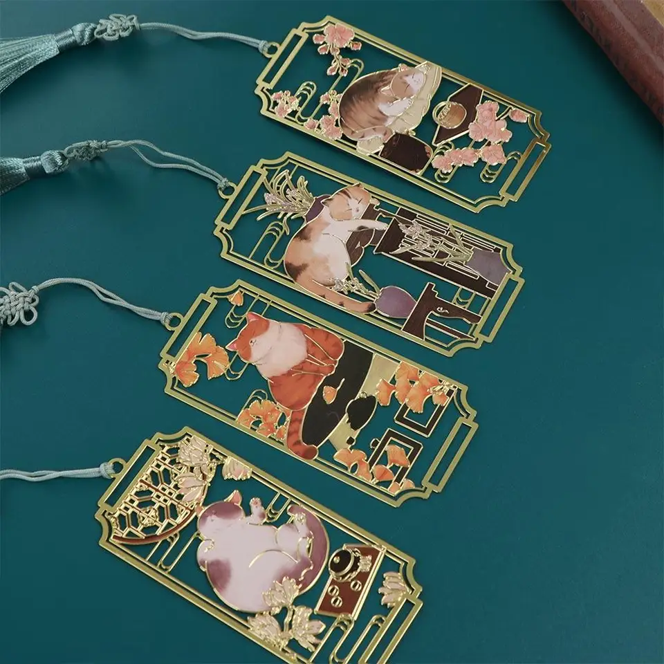 Cat Dutlowed Cat Bookmark Flower Tassels Metal čítanie záložky Čínsky štýl móda Čínsky štýl Záložky Študentské kancelárske potreby