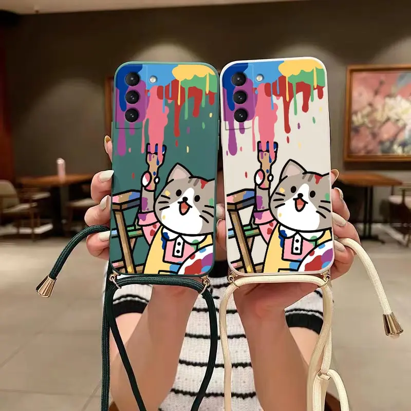 CAT GORTLE Crossbody Lanyard Silikónový puzdro pre Samsung Galaxy S21 S21Plus S21FE S21ultra S22 S22ultra S23 S23FE S20